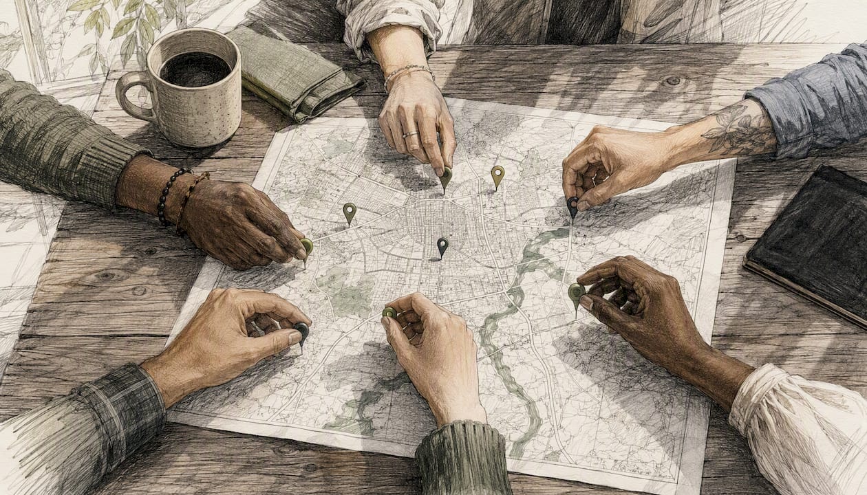 Hands placing location pins on map