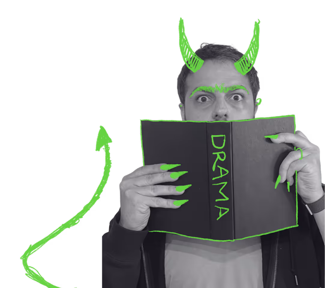 Illustrated devil character Kalyl holding drama book for drama club