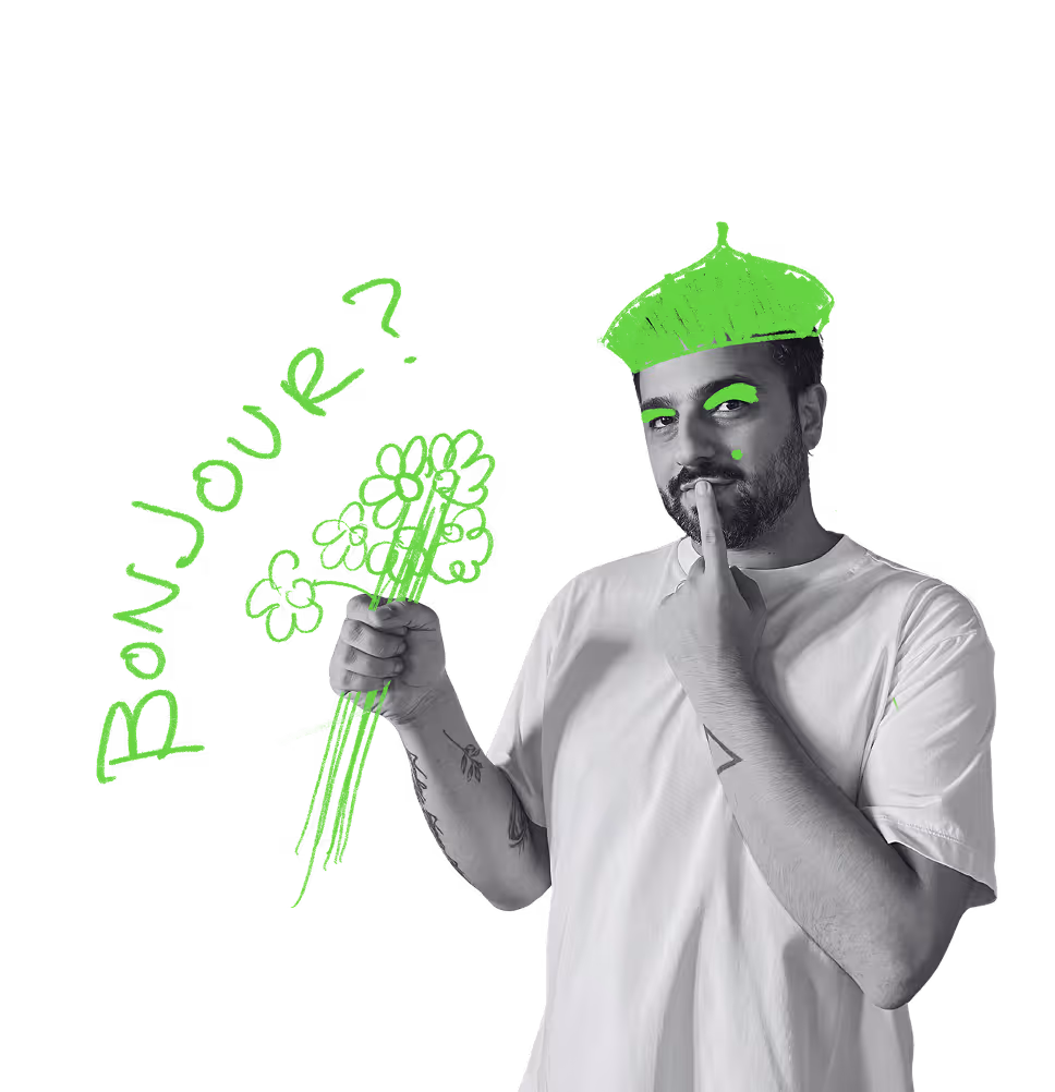 Kalyl with hand-drawn flowers saying Bonjour to visitors