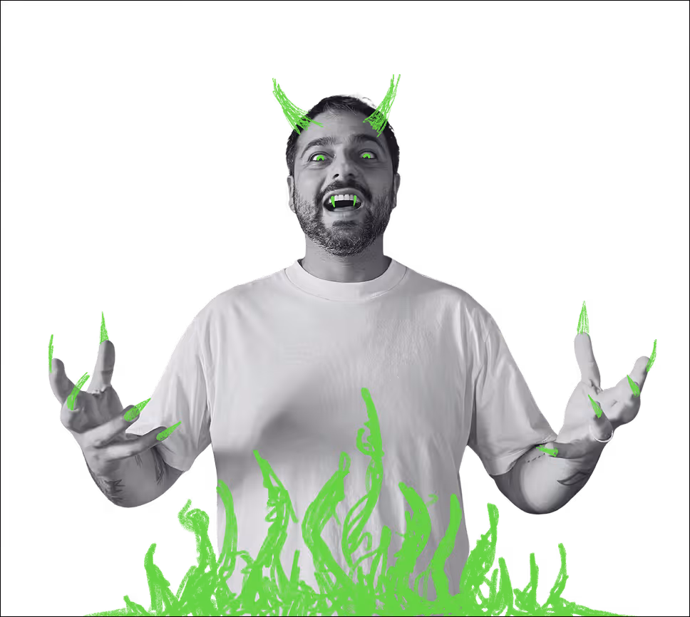 Illustrated devil character Kalyl welcoming visitors to About section