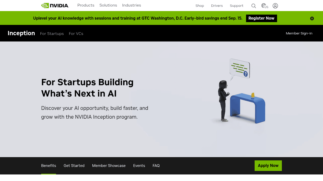 NVIDIA Inception program official website showing startup accelerator benefits and application portal for AI companies