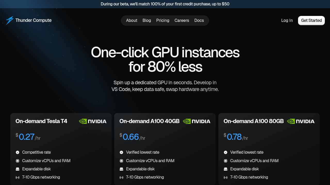 Thunder Compute homepage showing GPU cloud computing services for AI and machine learning with affordable pricing