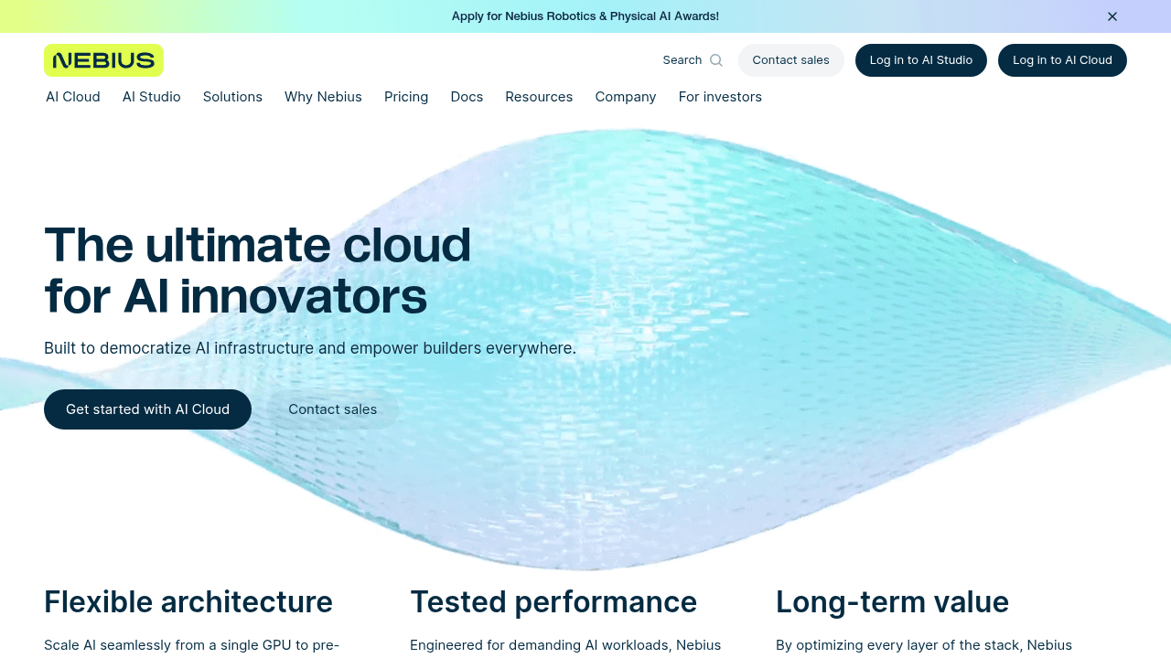 Nebius AI cloud platform homepage showing enterprise GPU infrastructure and machine learning services for large-scale deployments