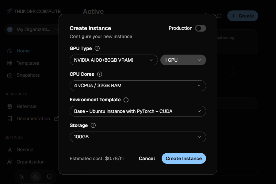 All possible configurations for Thunder Compute instances. Fields include: a production toggle, GPU type, CPU Cores, Environment Template and Storage.