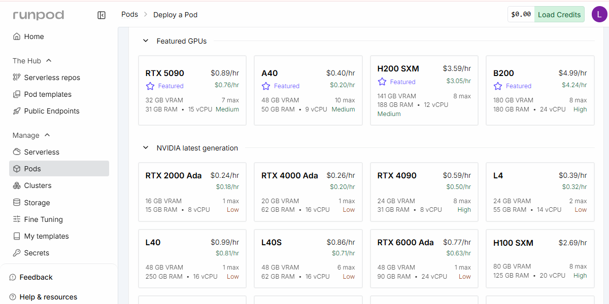 Runpod UI showing a long list of Pods running with different configurations, including both consumer and data center grade GPUs.