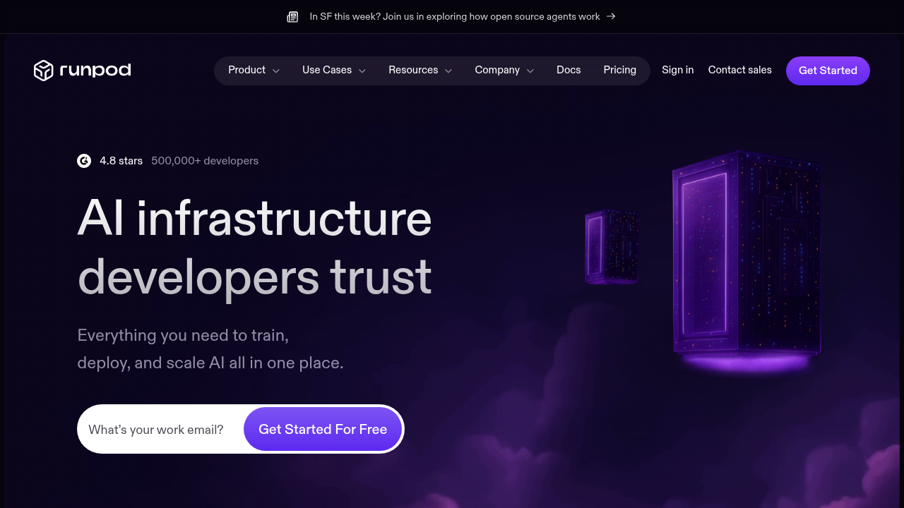 RunPod website homepage displaying containerized GPU cloud services with per-second billing for machine learning