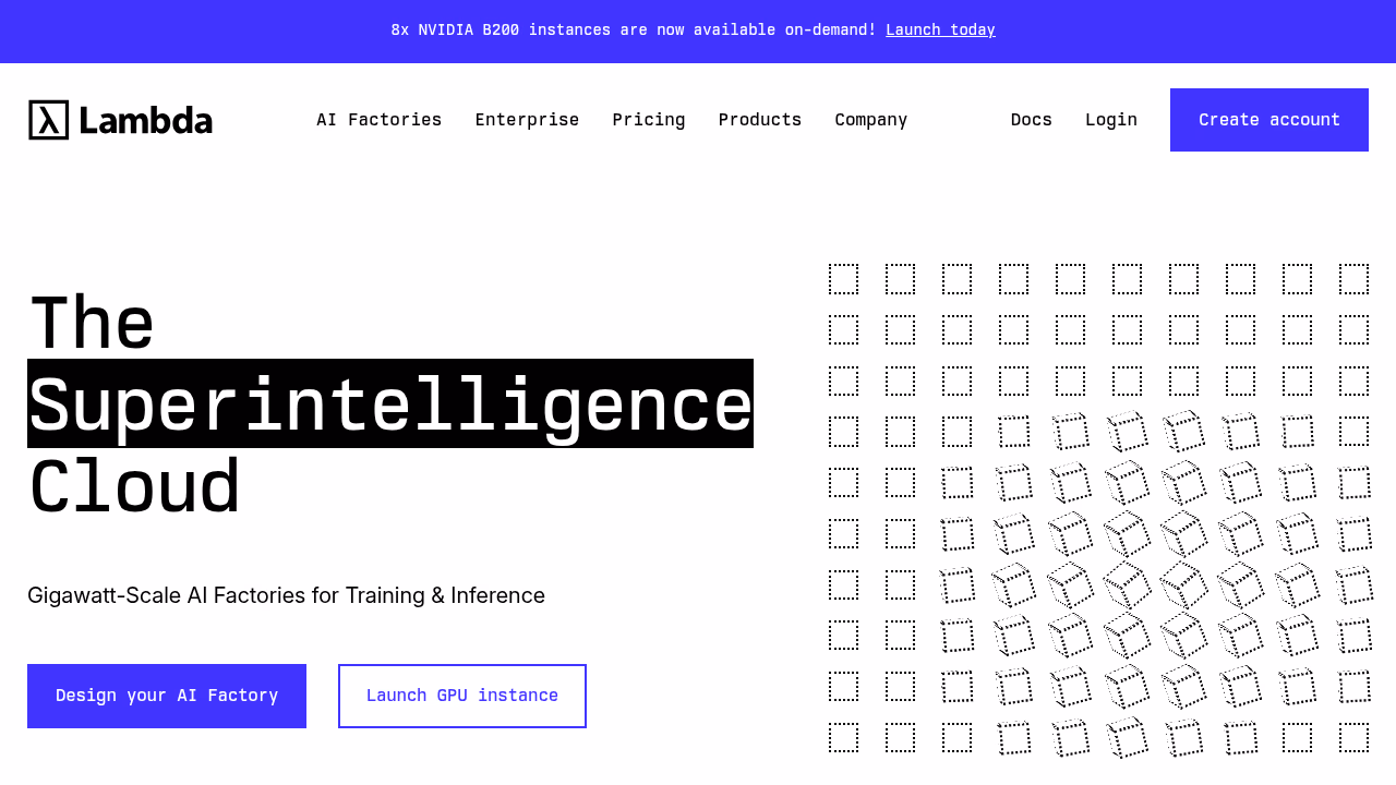 Lambda Labs homepage with managed GPU cloud infrastructure.