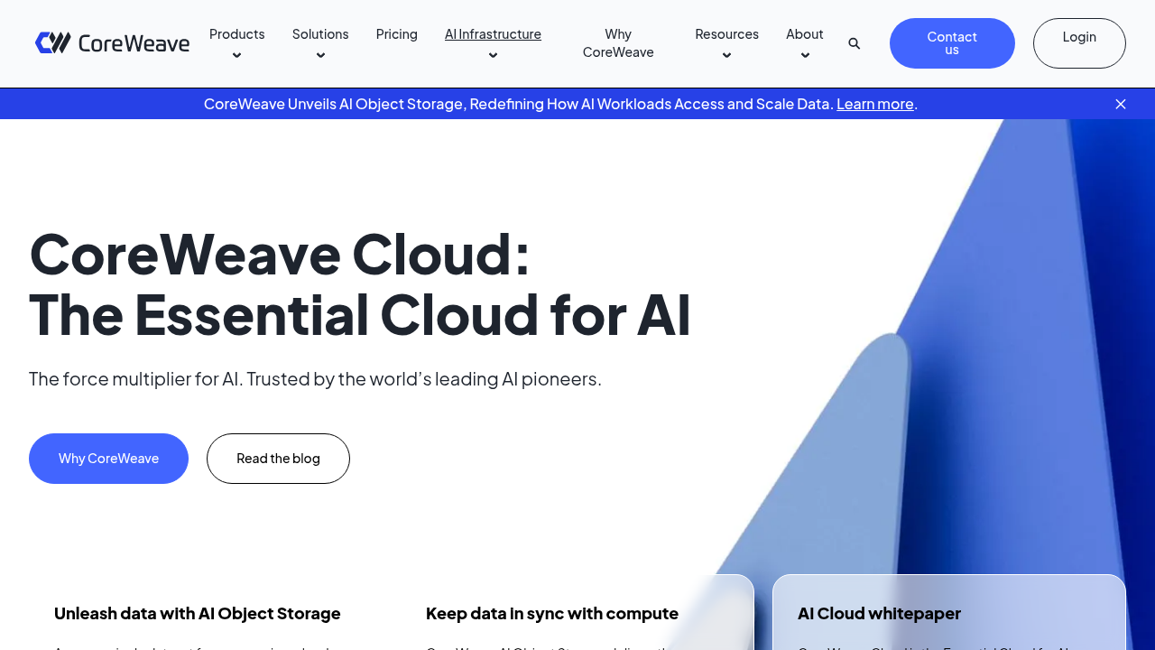 CoreWeave homepage with enterprise multi-GPU infrastructure for AI training.