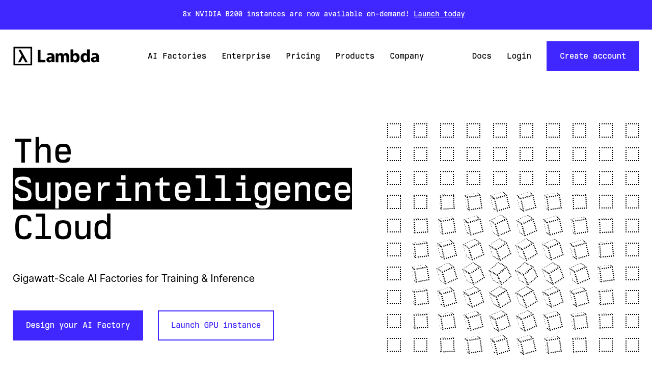 Lambda homepage with distributed training infrastructure for multi-GPU workloads.