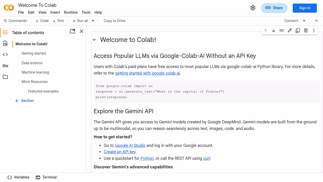 Google Colab homepage with browser-based notebooks and managed runtimes.