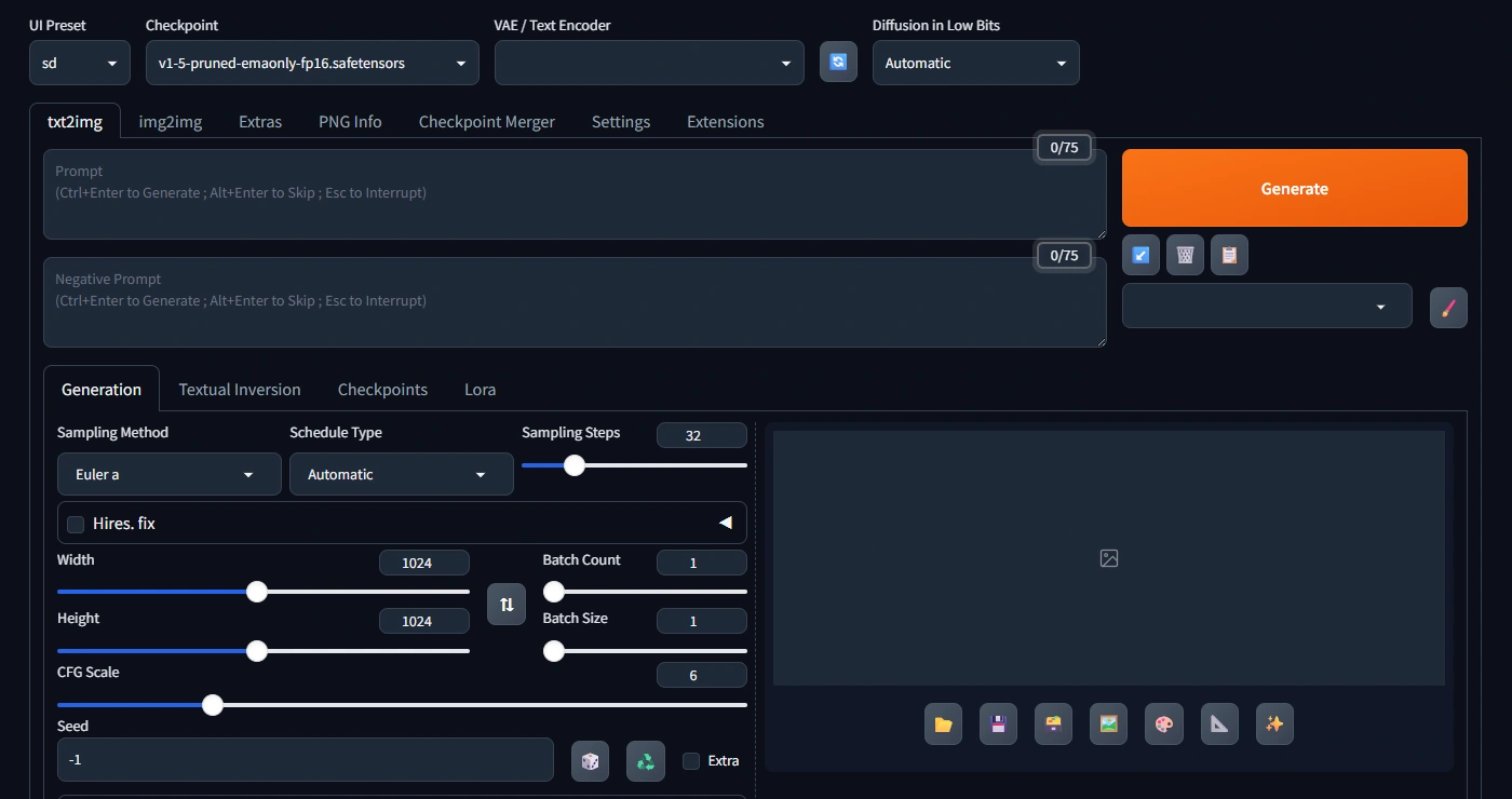 Forge Neo UI interface displaying a dark-themed web application with image generation controls on the left side and a preview panel showing generated AI artwork on the right side, demonstrating the application's layout and workflow for creating images