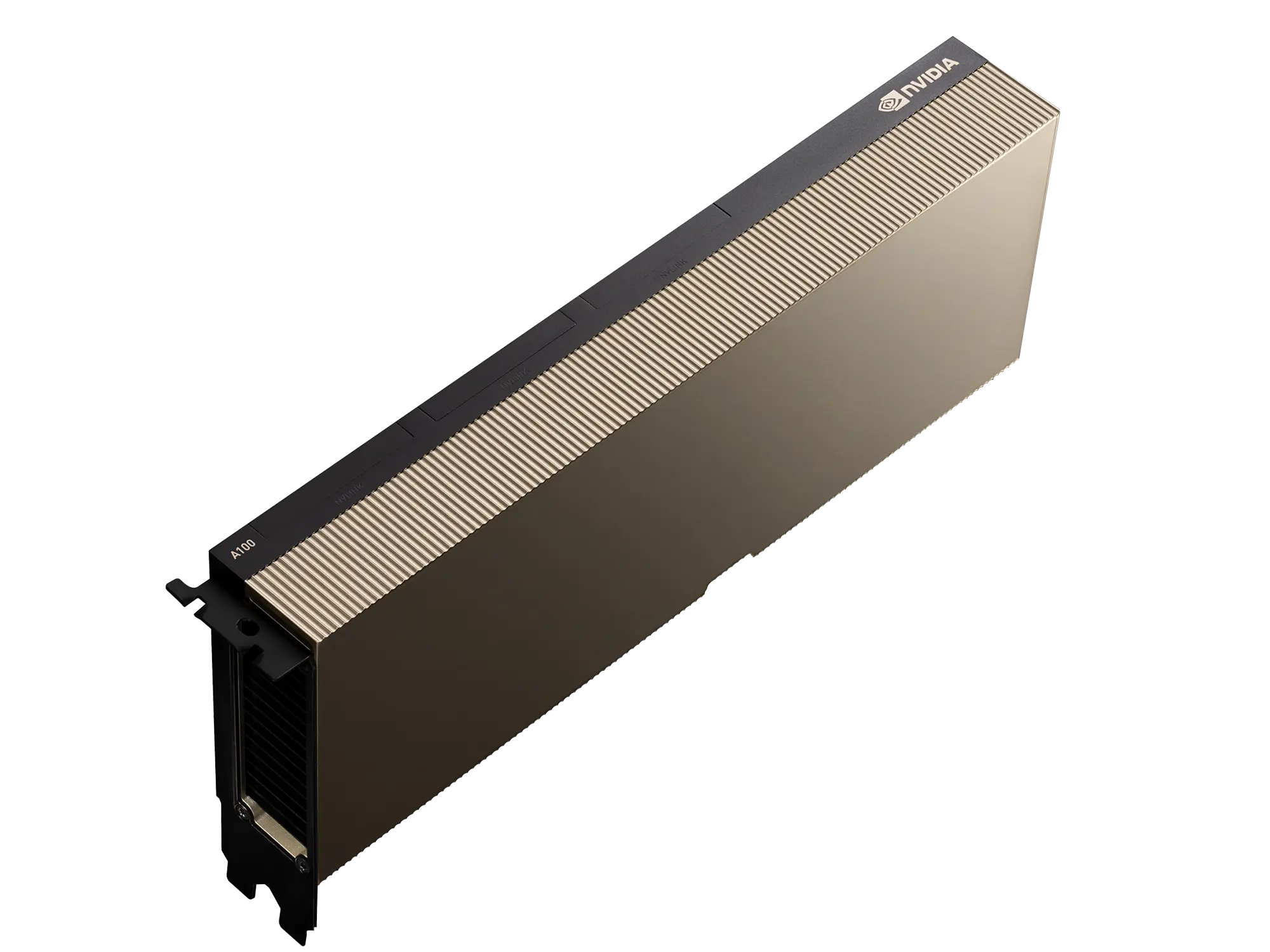 NVIDIA A100 PCIe GPU shown as a server card with dual power connectors and cooling fins, labeled with product branding in a clean data center rack setting