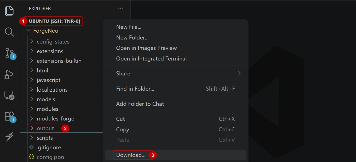VS Code extension panel showing downloaded generated image files from a remote instance with the Explorer view visible
