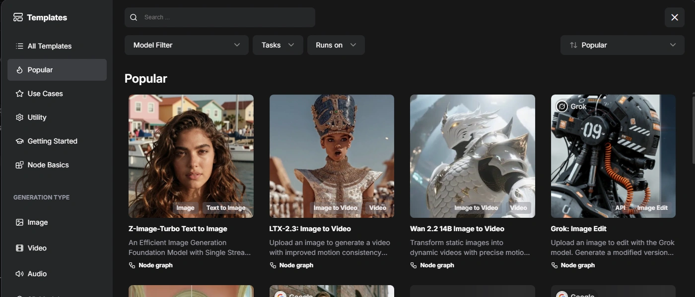 ComfyUI template library interface showing workflow templates and model links in a dark browser-style UI with text and thumbnails