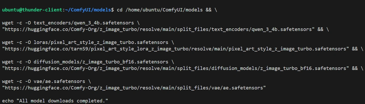 Screenshot of a ComfyUI install workflow showing a terminal with commands to run Z-image-turbo models