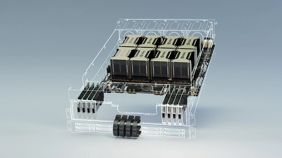 NVIDIA HGX A100 server baseboard with multiple A100 GPU modules installed inside a standard server chassis for cloud infrastructure
