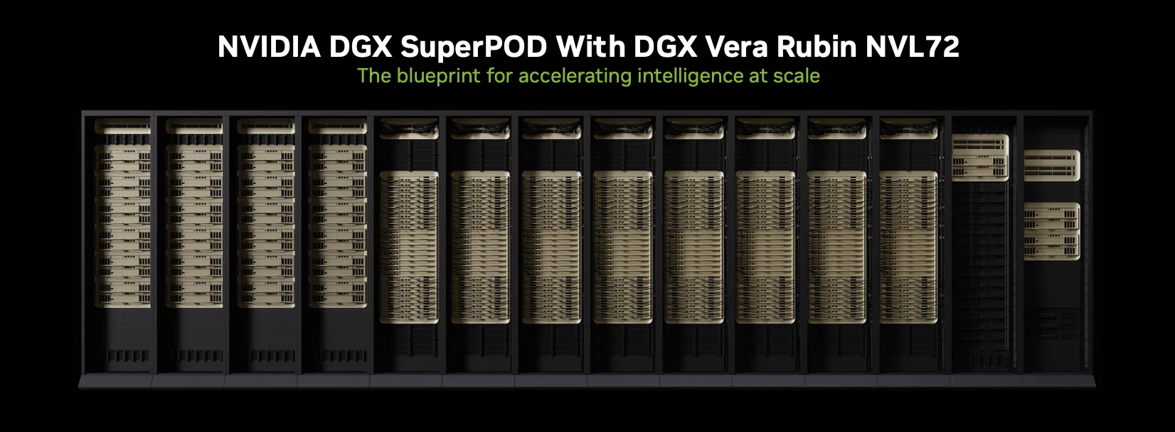 NVIDIA Vera Rubin NVL72 rack-scale system featuring rows of fanless, tubeless, and cableless liquid-cooled server racks densely populated with GPU and CPU modules and visible blue liquid cooling tubing. The racks are arranged in a data center aisle with cool blue accent lighting, conveying a futuristic high-performance technical atmosphere that emphasizes cutting-edge AI infrastructure.