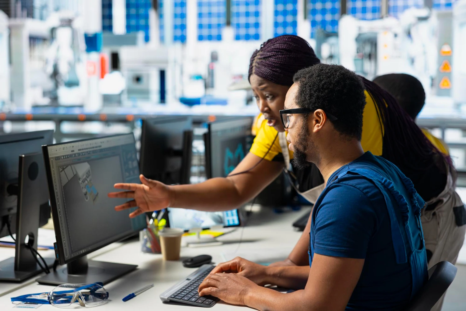 A group of engineers working at laptops around a table in a bright modern office, reviewing infrastructure workflow diagrams and discussing system design with focused engagement