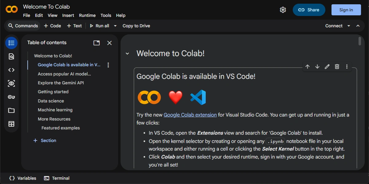 Google Colab landing page showing a browser-based notebook interface with code cells, toolbar, and a dark status banner in a cloud application environment