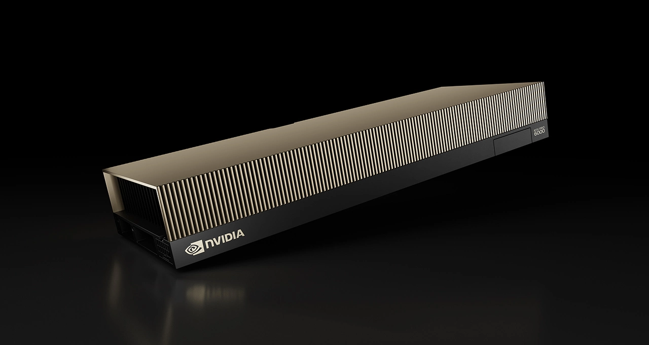 NVIDIA RTX PRO 6000 Blackwell GPU card displayed against a dark professional background, showcasing the high-end graphics processor with its distinctive black and metallic design. The card represents cutting-edge workstation technology with 96GB of VRAM, positioned as a premium solution for 3D rendering, simulation, and AI workloads in professional computing environments.