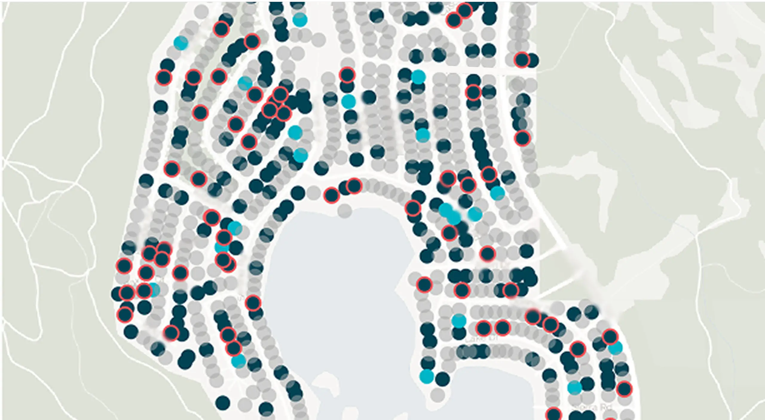 A map of a city with lots of dots.