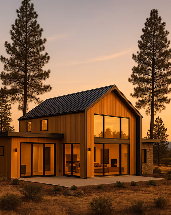 Modern rustic 2 story ADU in the forest with modern cedar vertical siding. Dusk photo.