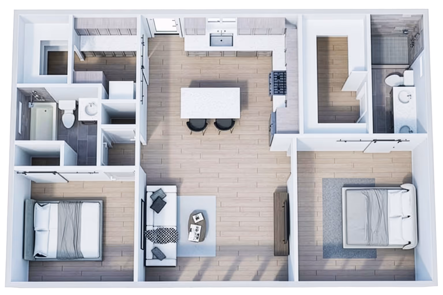 3D floorplan from above. 2 bedroom adu with master suite on the right side of the house. Second bedroom is to the left front. Living room is center front, kitchen and dining room are center back.