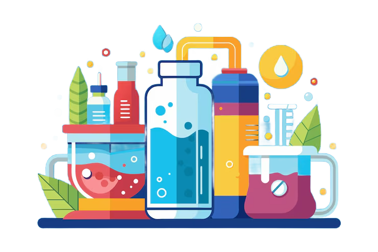 Illustration of various laboratory flasks and bottles filled with colorful liquids and surrounded by green leaves and water droplets.