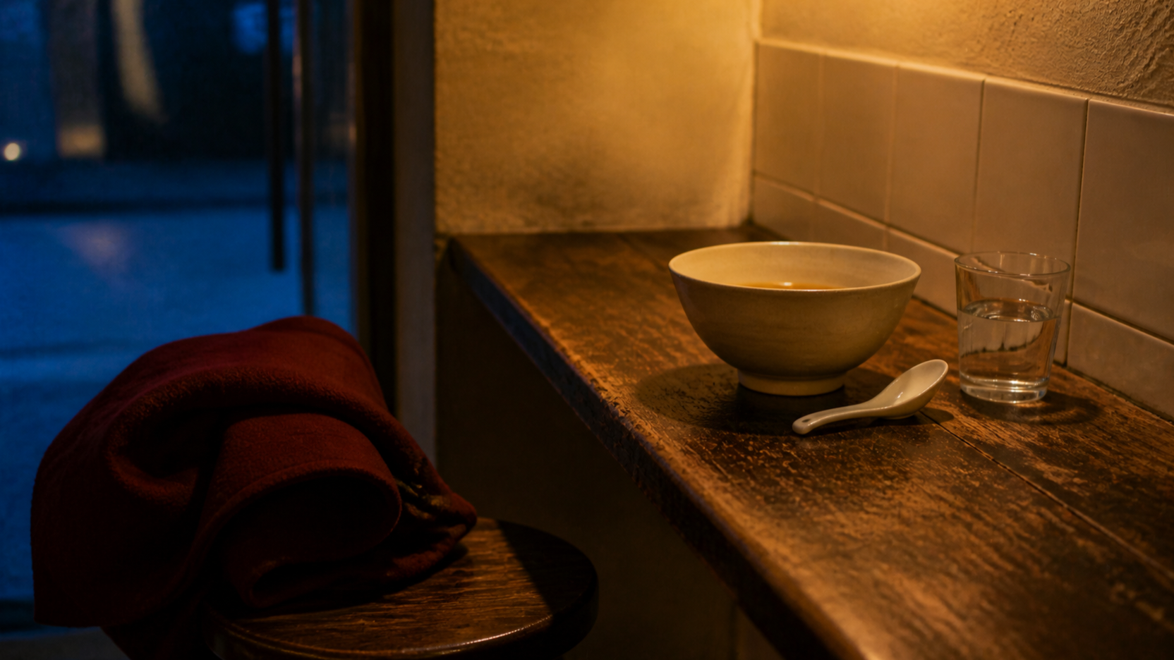 A single bowl, spoon and glass of water set for one at a wood counter, with a folded jacket on the neighbouring stool and a Copenhagen street visible through the window at blue hour.