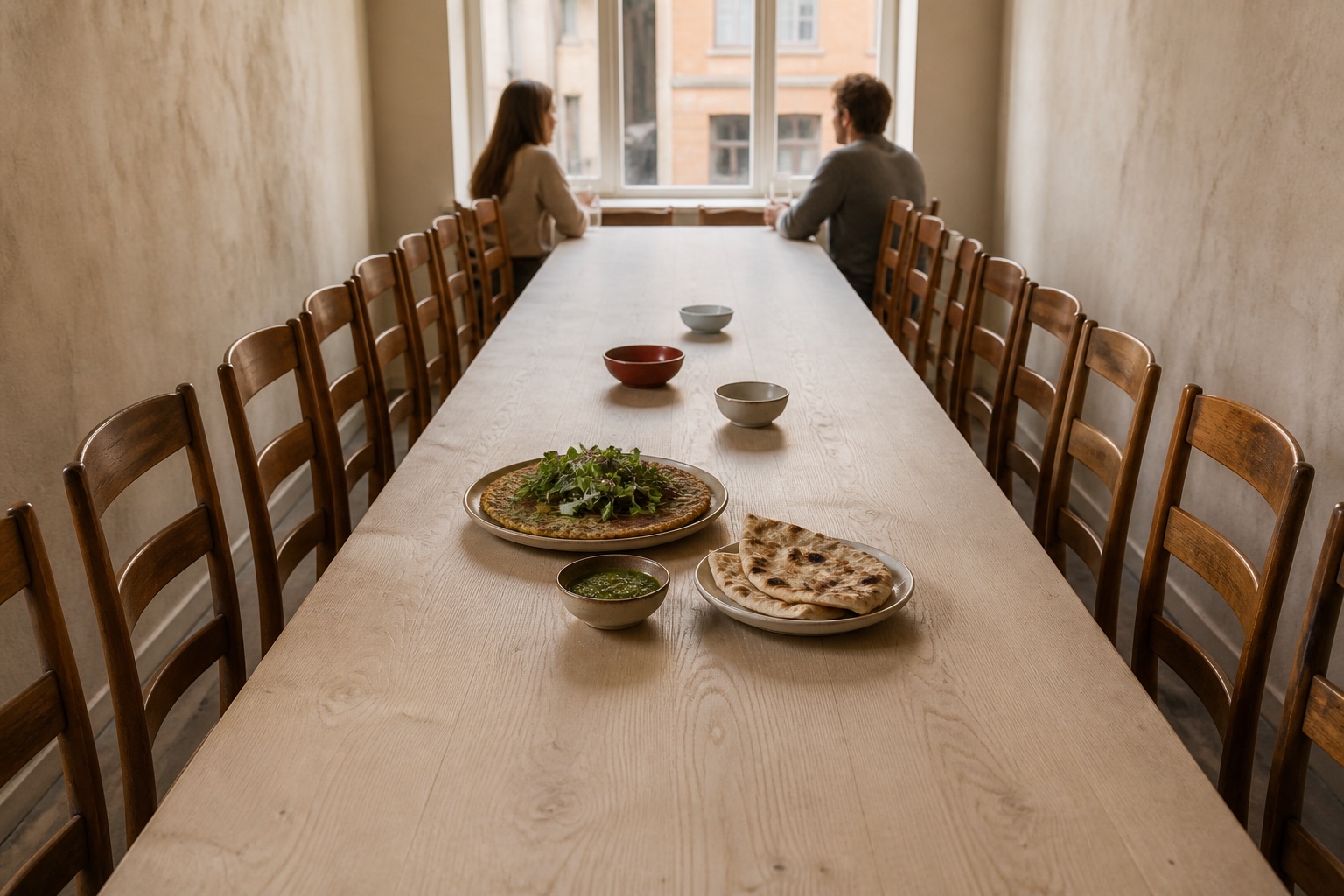 A long pale birch table lined with wooden chairs in a small warm dining room, laid with flatbread, a green herb sauce and small ceramic bowls in late afternoon light