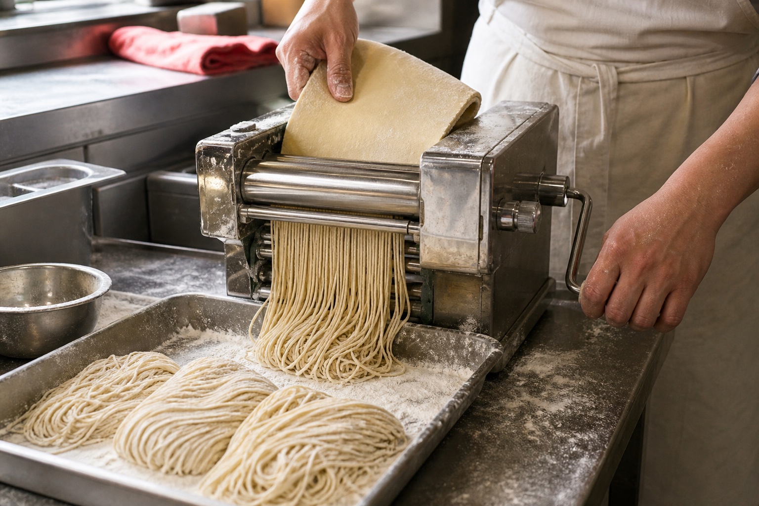 Freshly cut ramen noodles falling from a noodle machine into flour-dusted nests on a steel kitchen bench in the morning