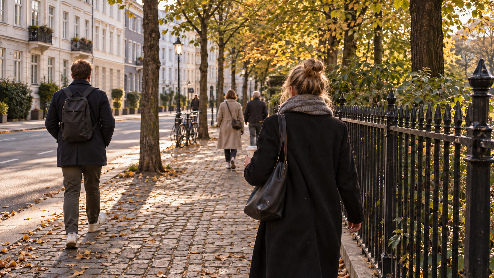 A cobbled Copenhagen pavement beside black park railings in early autumn, leaves down, people walking under half turned trees, one carrying a takeaway coffee, pale stucco townhouses along the far side