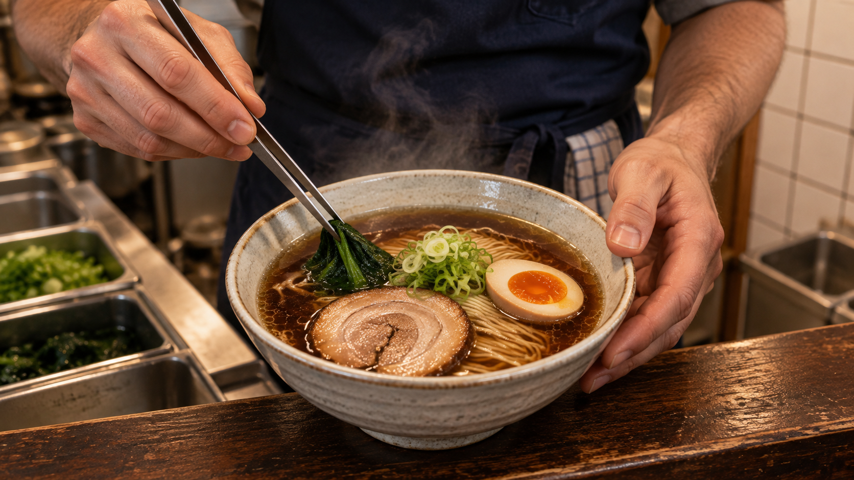 A cook finishing a bowl of shoyu ramen on the pass at Slurp, placing greens beside the rolled chashu, halved soft egg and spring onion, steam rising off the dark broth over a worn wood counter