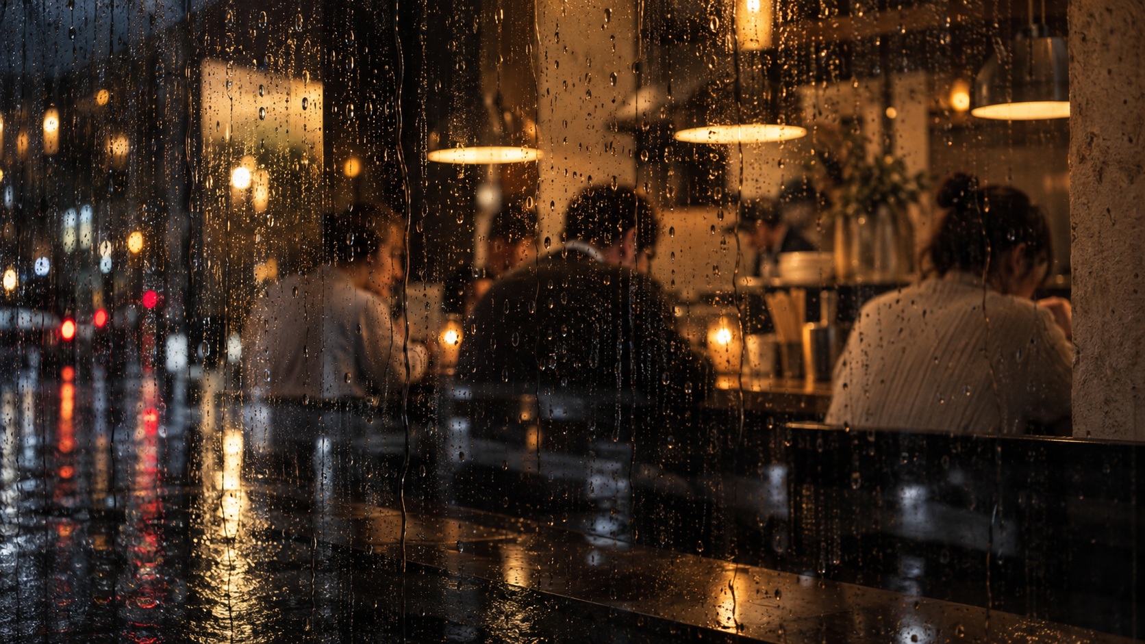 A warm, full room seen from the wet street through a rain streaked window at night, low lamps and people at a counter behind the glass, the street lights reflecting off the water on the pavement
