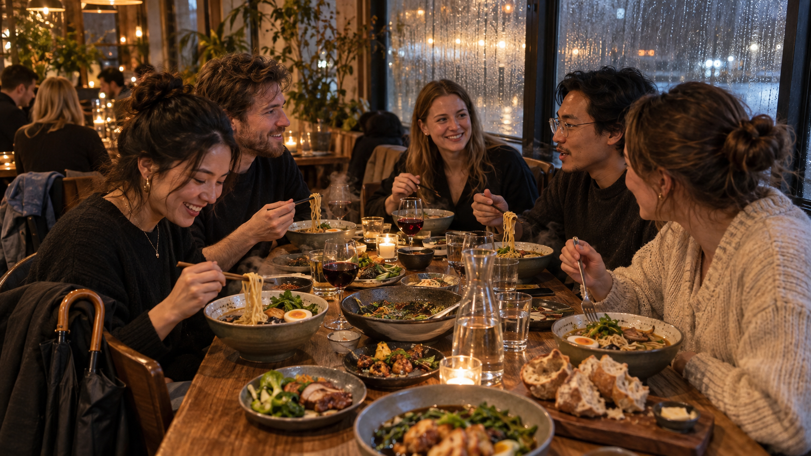 A long shared table running down a broad Copenhagen room on a wet evening, bowls and plates part eaten down its length, wine and water among them, rain running down the window behind and a coat and umbrella hung over a chair to one side