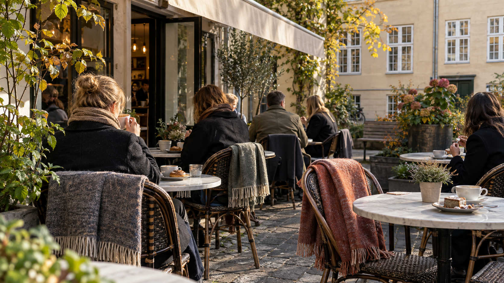 A square side terrace in central Copenhagen on a bright autumn afternoon, cafe chairs and small round tables under an awning, with wool blankets draped over several of the chairs