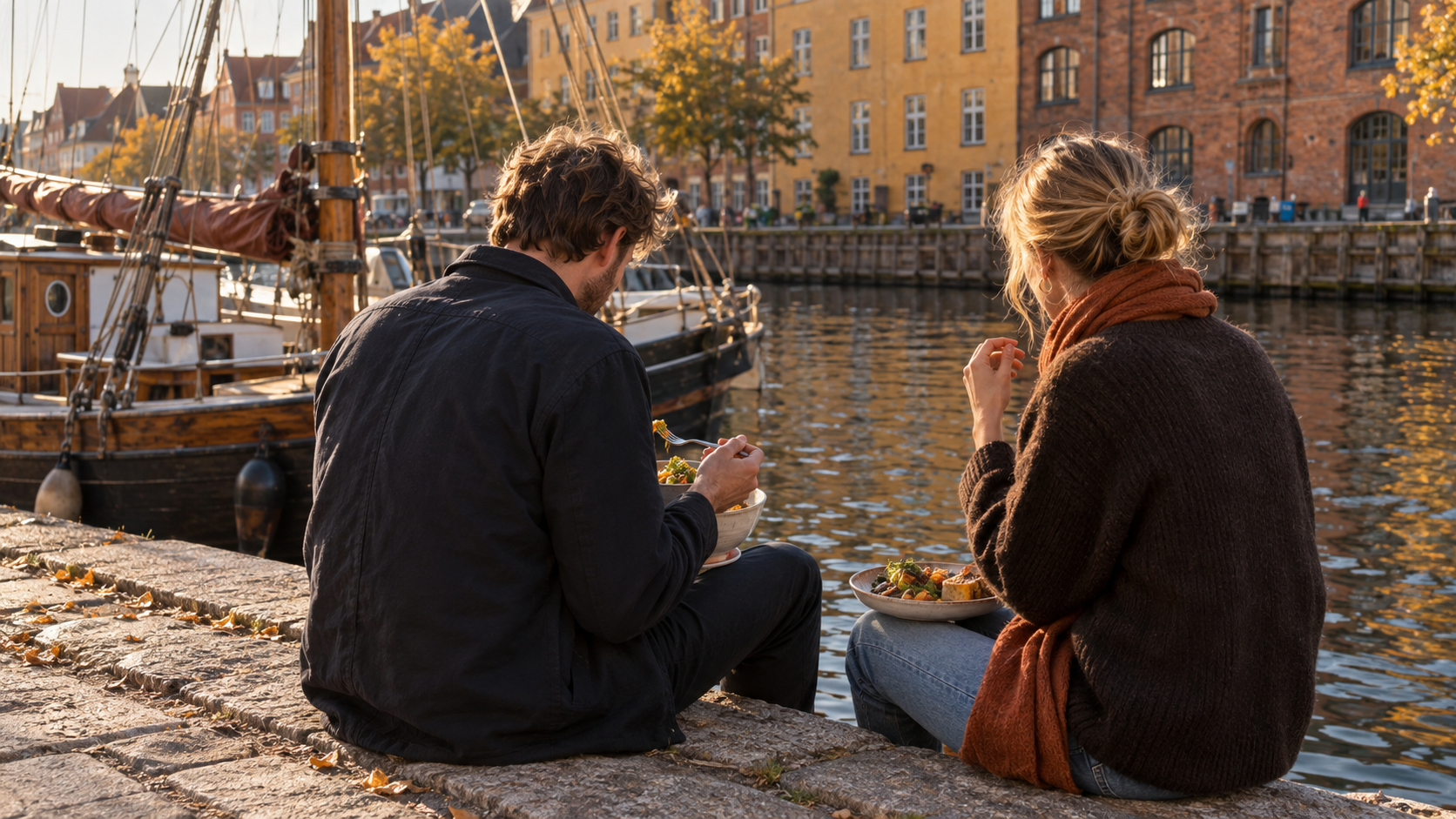 Two people sitting at the edge of a Christianshavn canal quay in autumn light, eating from ceramic bowls and a plate, with a moored wooden boat and ochre and red brick warehouse buildings behind them.