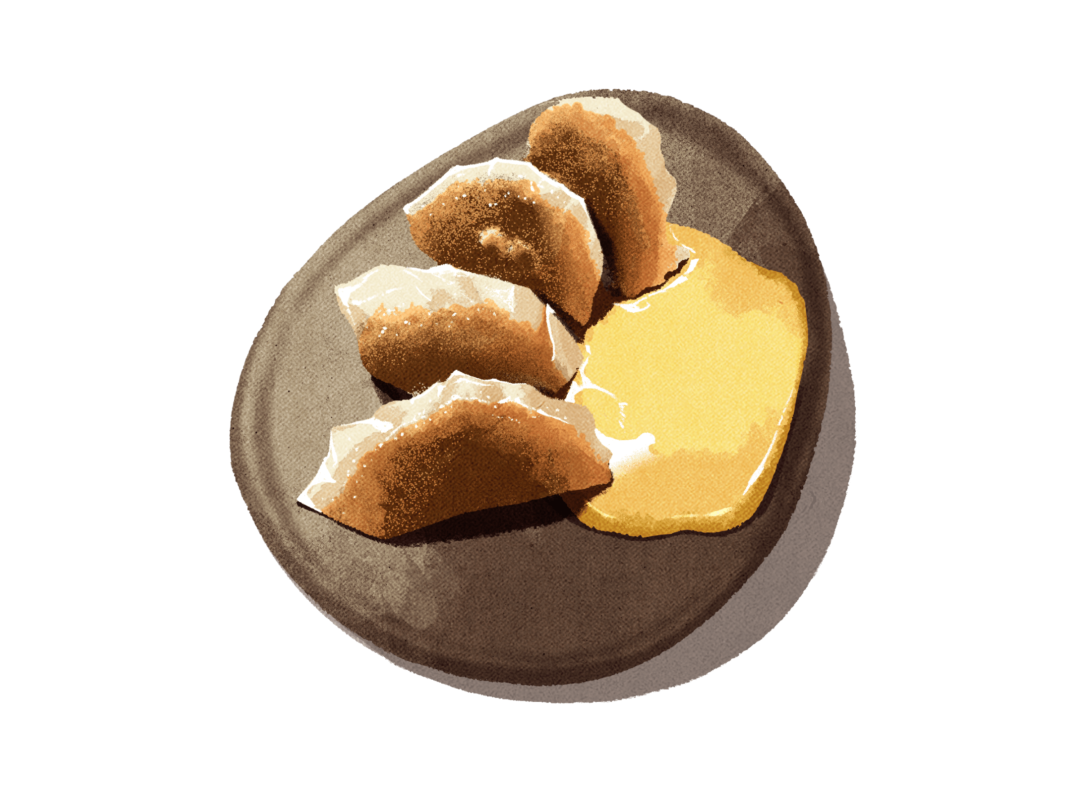 Slurp illustration of four browned gyoza on a dark ceramic plate with a yellow dipping sauce.