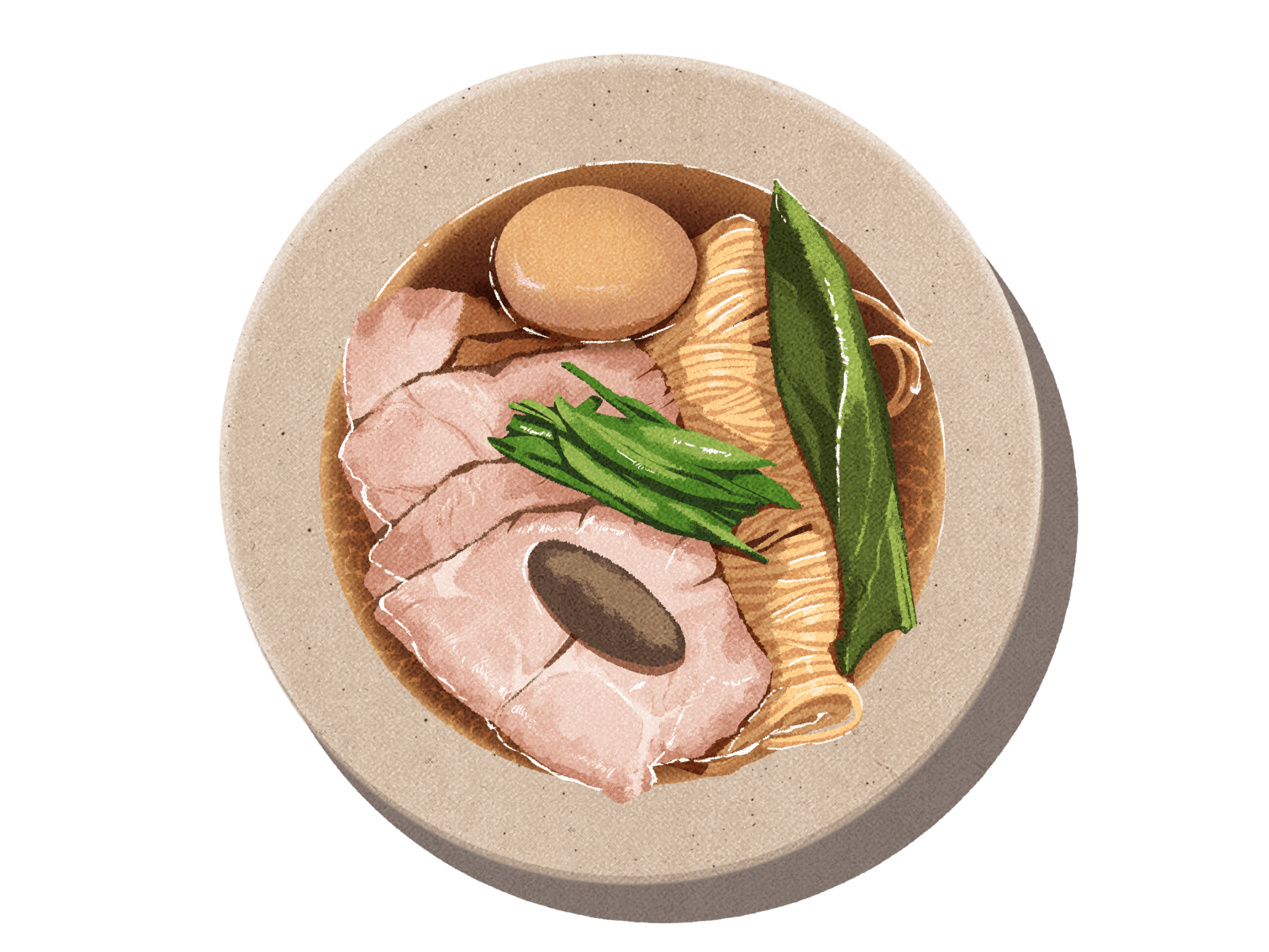 Slurp illustration of shoyu ramen with pork neck chashu, tamago, greens and noodles in a cream bowl.