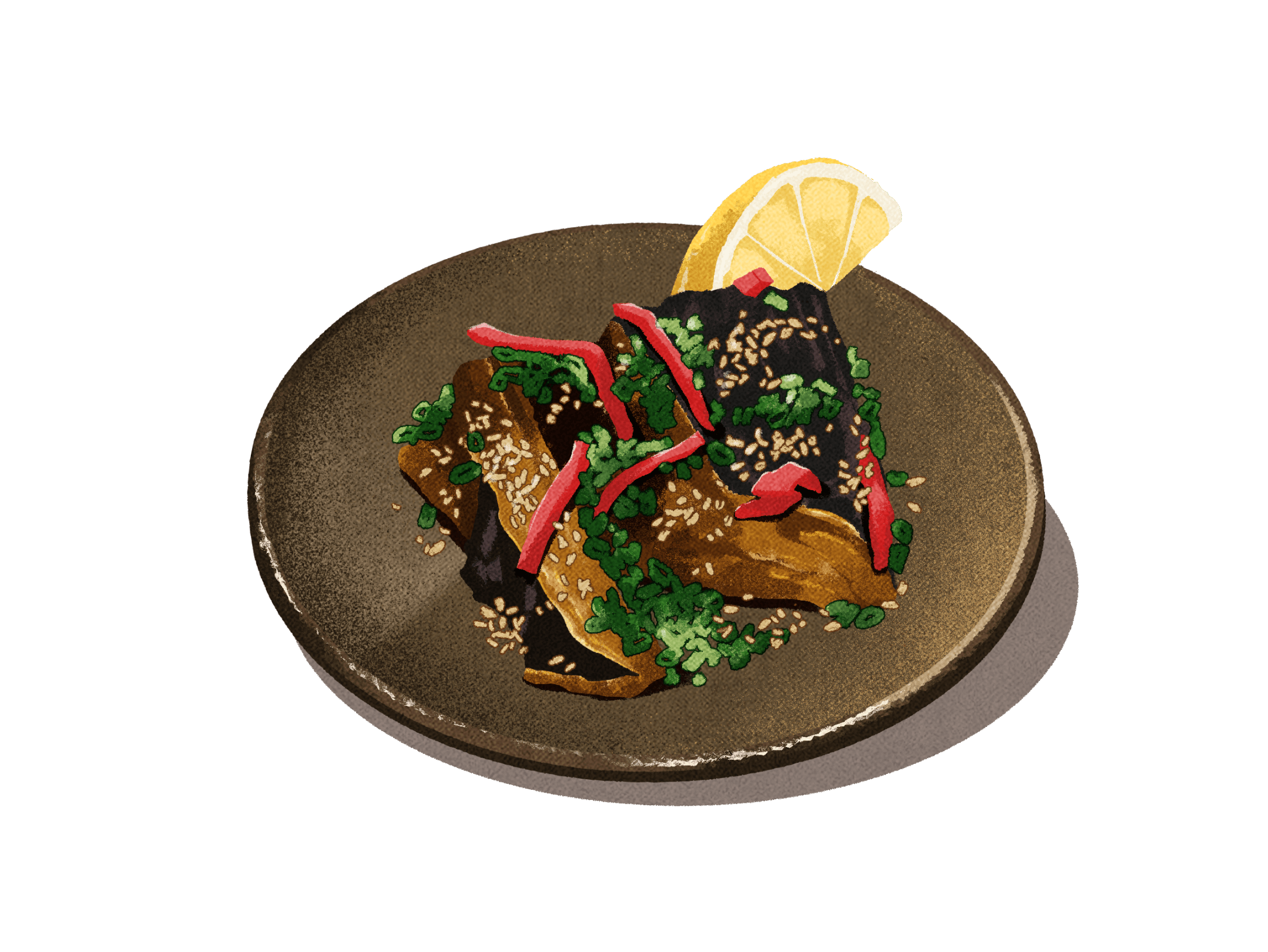 Slurp illustration of glazed eggplant with sesame, green herbs, red pickles and lemon on a dark plate.