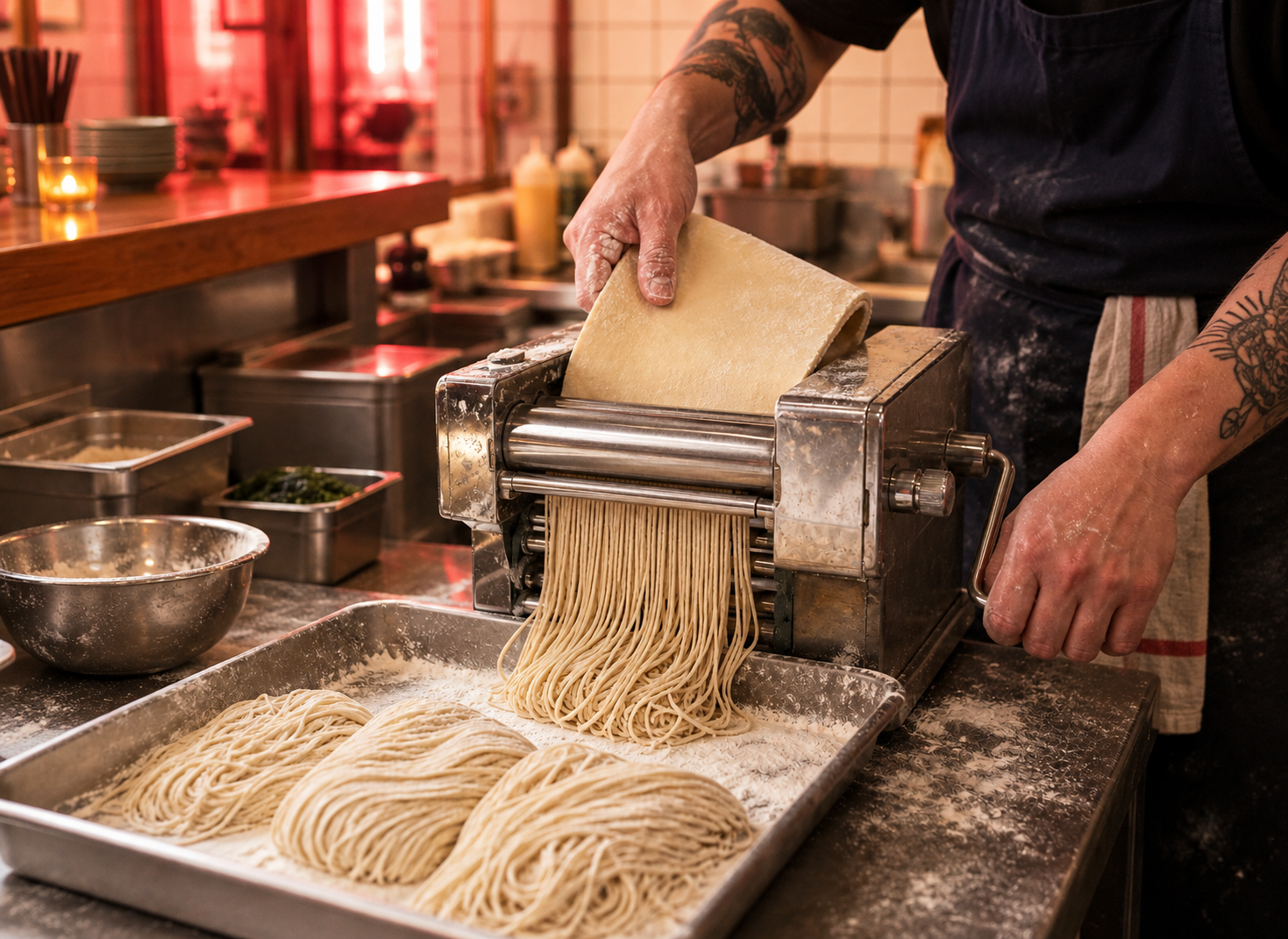 A cook's hands guiding fresh noodles from our noodle machine onto a flour-dusted steel bench
