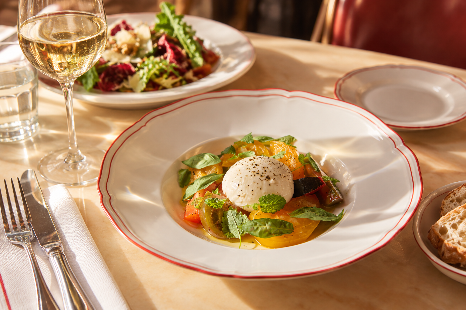 A plated starter at Donna on its red-rimmed tableware
