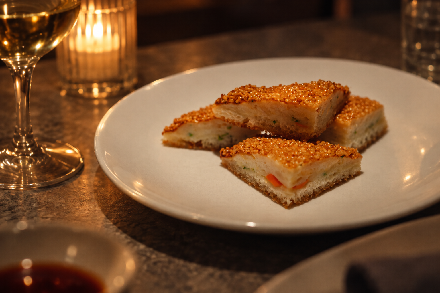 A small golden-crusted plate based on Goldfinch’s published food photograph