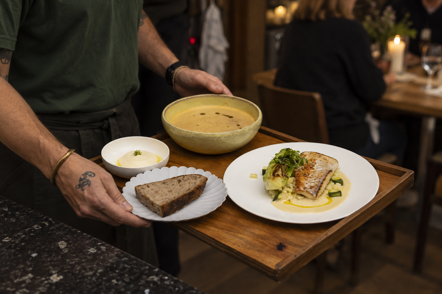 A served lunch tray with fish, rye bread and small dishes in a Copenhagen restaurant
