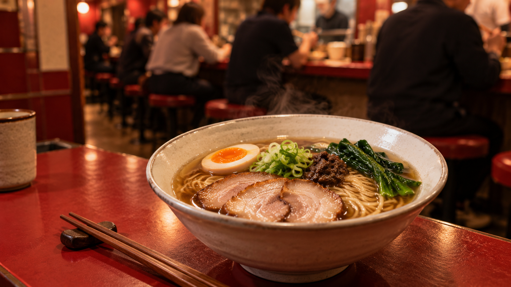 A steaming bowl of shoyu ramen with chashu, egg and spring onion on a red counter table, diners seated along the counter behind