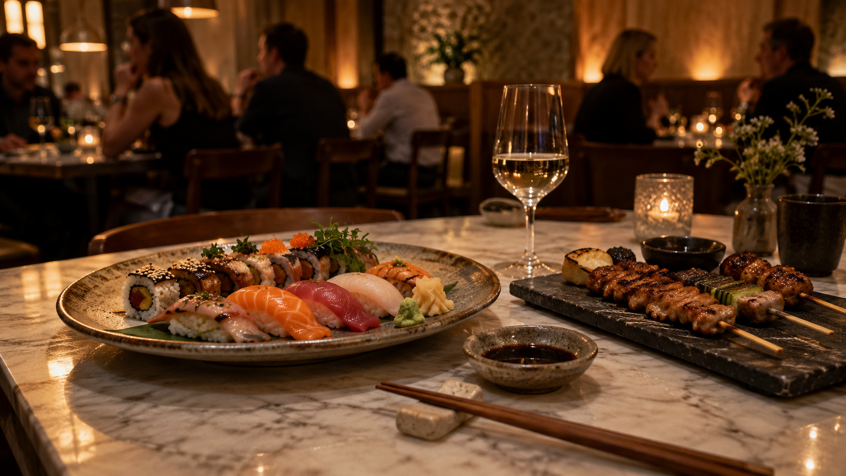Sushi and grilled Japanese dishes served on a compact marble table in a Copenhagen dining room