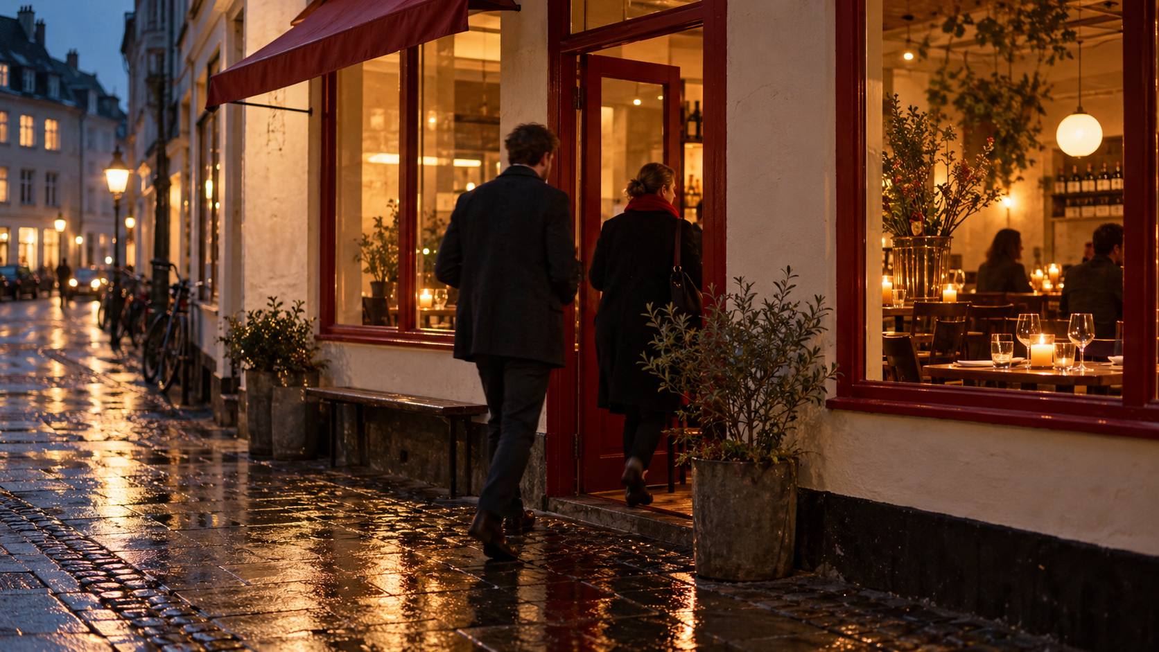 A rain-softened Copenhagen restaurant window glowing at blue hour as diners arrive for Sunday dinner