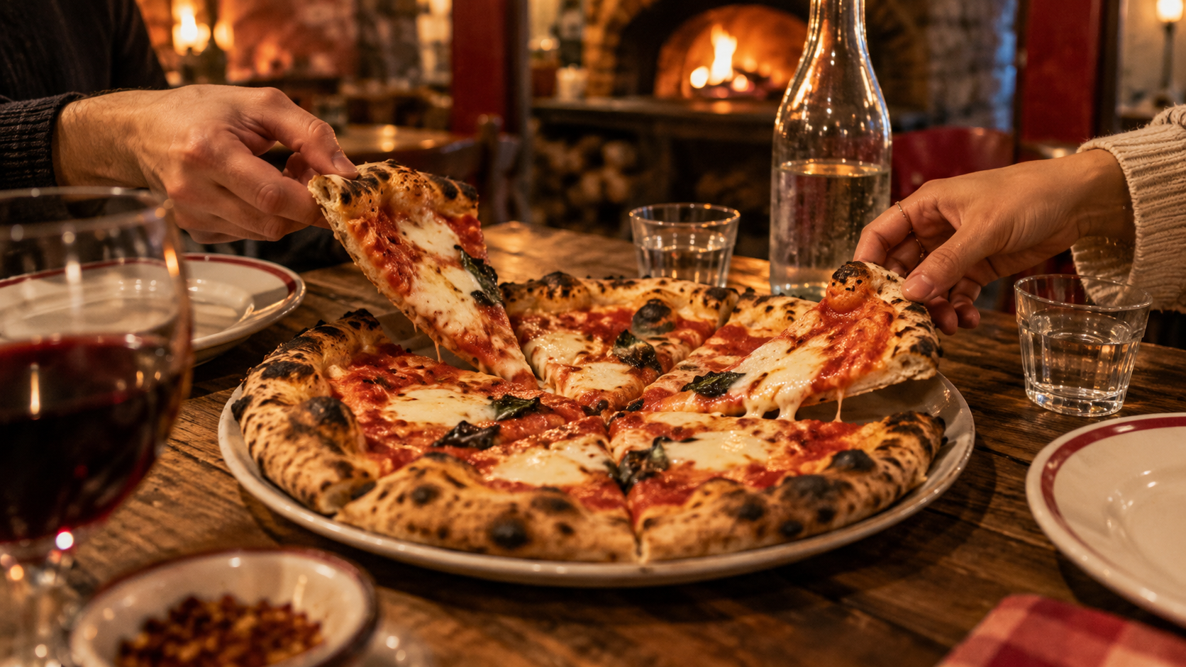 A wood-fired pizza cut into slices and shared across a casual Copenhagen restaurant table on a Sunday evening