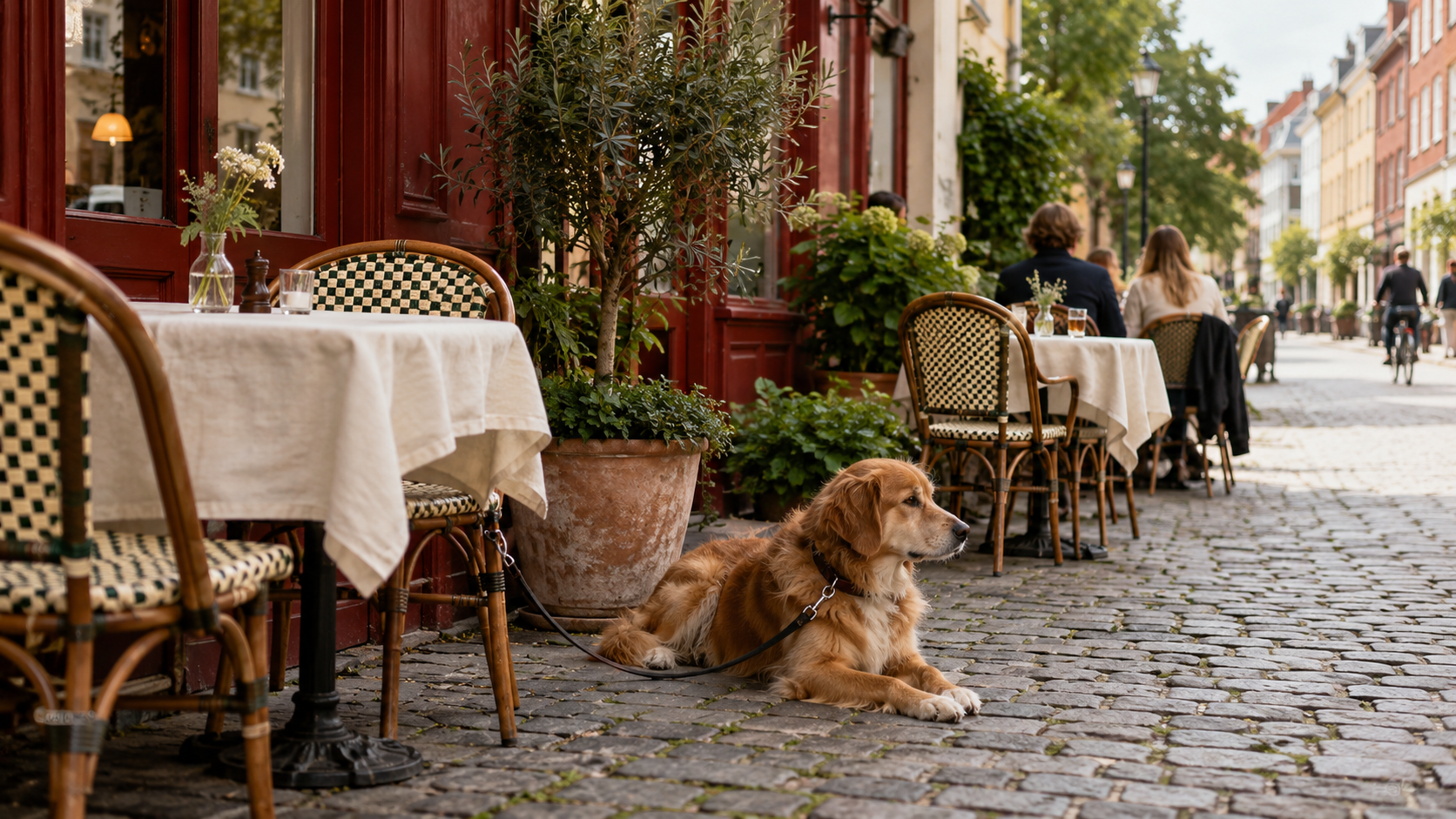 A calm dog resting beside a Copenhagen restaurant terrace table on a quiet cobblestone street