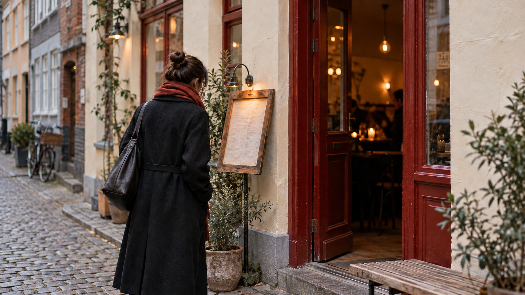 A visitor pausing outside a Copenhagen restaurant's cream facade and red door to read a posted menu board in daylight